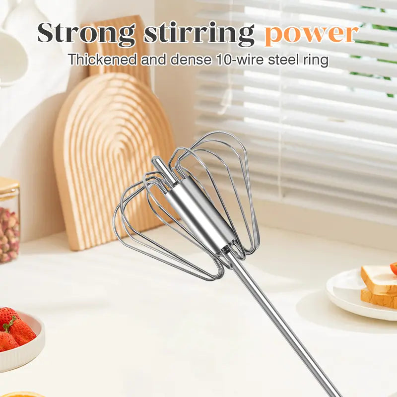 Food-Grade Stainless Steel Spinning Egg Beater - Rustproof Hand-Push Kitchen Gadget Mixer with Built-In Spring Mechanism, Sturdy Riveted Construction, Semi-Automatic Design, Easy to Clean for Cooking, Daily Blending