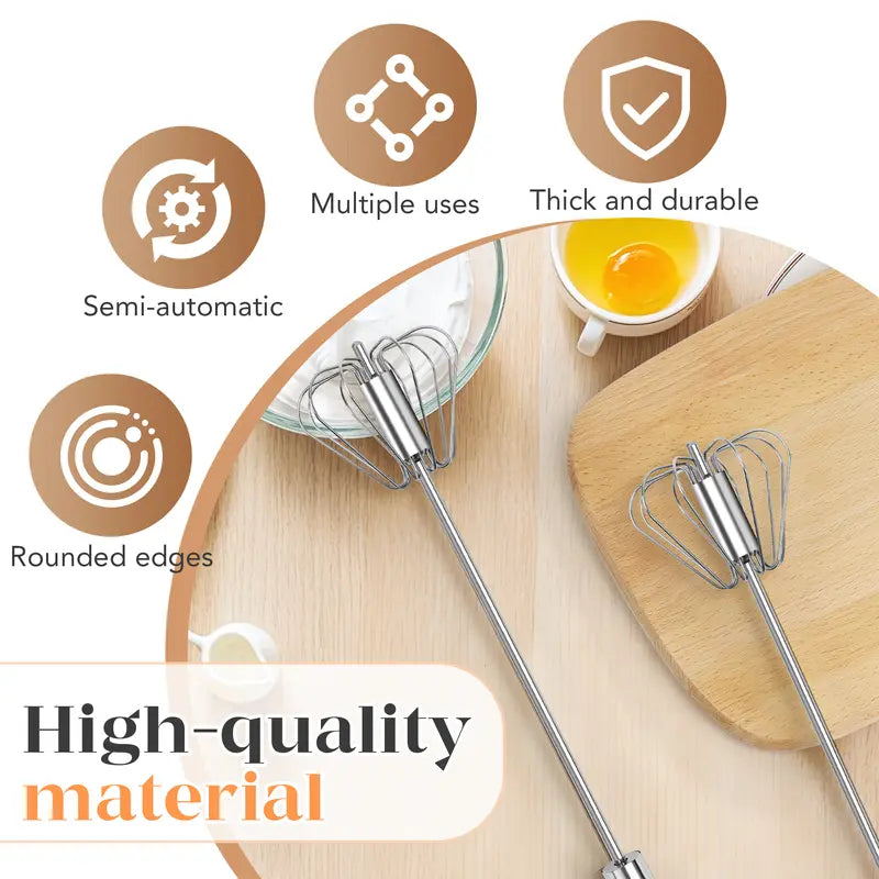 Food-Grade Stainless Steel Spinning Egg Beater - Rustproof Hand-Push Kitchen Gadget Mixer with Built-In Spring Mechanism, Sturdy Riveted Construction, Semi-Automatic Design, Easy to Clean for Cooking, Daily Blending