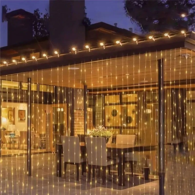 Outdoor Solar Curtain Light 3X3M 300Leds Holiday Decorations Garland 8 Modes Halloween Christmas Party Decor String Lights