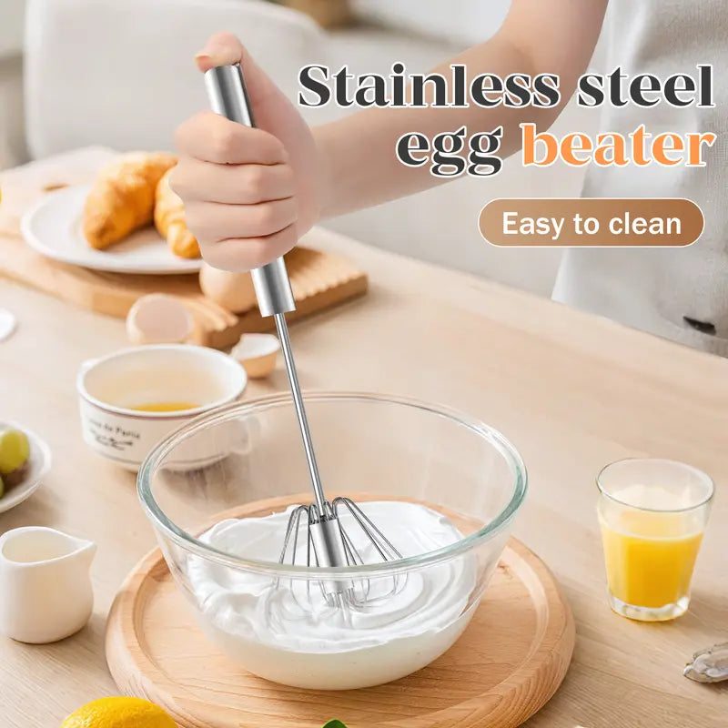 Food-Grade Stainless Steel Spinning Egg Beater - Rustproof Hand-Push Kitchen Gadget Mixer with Built-In Spring Mechanism, Sturdy Riveted Construction, Semi-Automatic Design, Easy to Clean for Cooking, Daily Blending