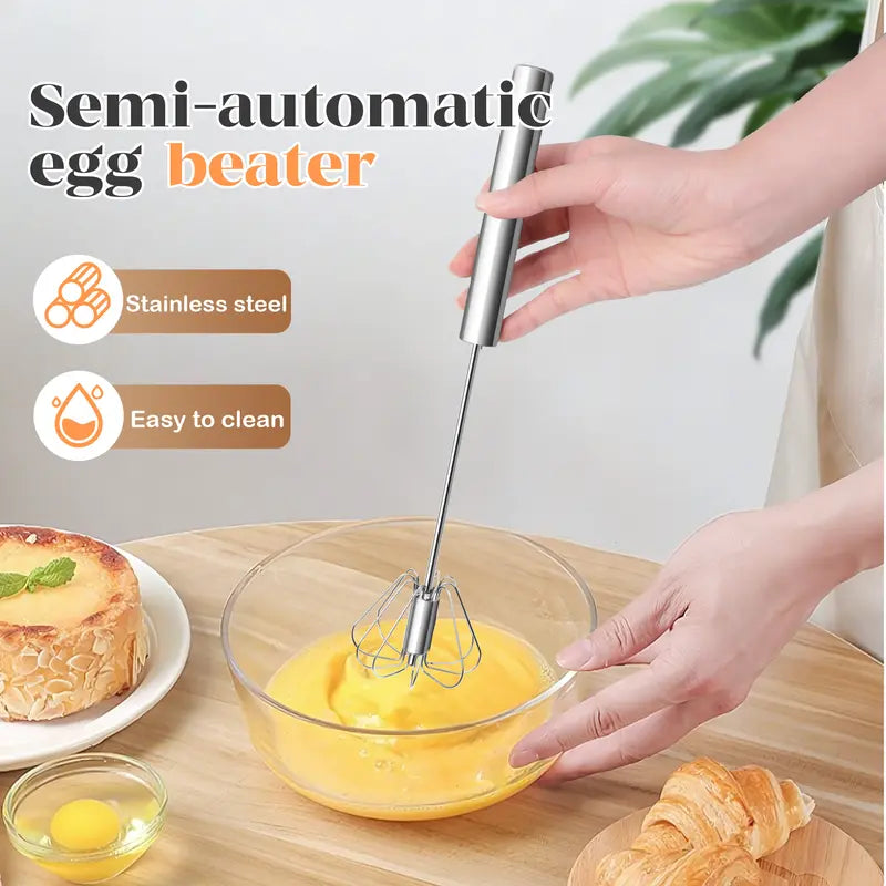 Food-Grade Stainless Steel Spinning Egg Beater - Rustproof Hand-Push Kitchen Gadget Mixer with Built-In Spring Mechanism, Sturdy Riveted Construction, Semi-Automatic Design, Easy to Clean for Cooking, Daily Blending