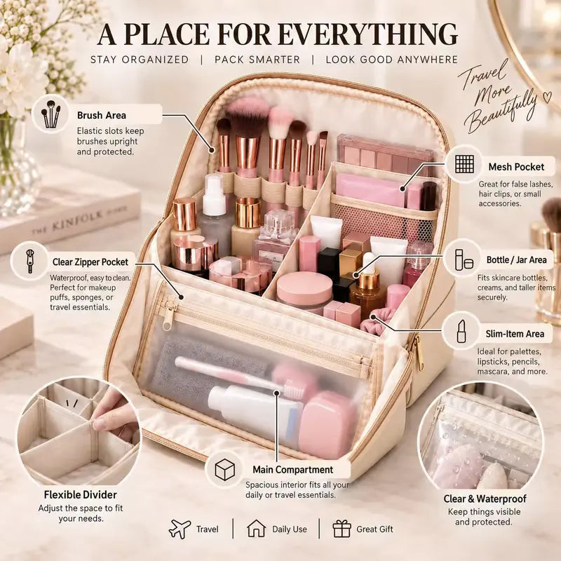 Clean Girl Travel Makeup Bag with Luggage Strap, Minimalist Waterproof Leather Vanity Bag, Large-Capacity Zippered Multifunctional Organizer, Cosmetic & Toiletry Storage, Ideal Cruise & Vacation Travel Must-Have