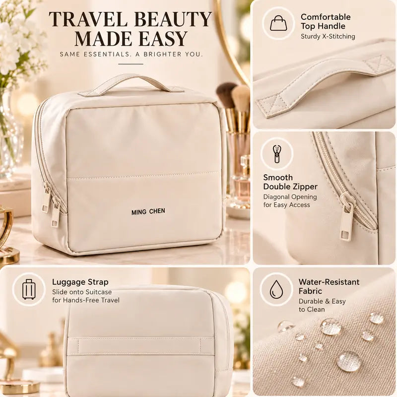Clean Girl Travel Makeup Bag with Luggage Strap, Minimalist Waterproof Leather Vanity Bag, Large-Capacity Zippered Multifunctional Organizer, Cosmetic & Toiletry Storage, Ideal Cruise & Vacation Travel Must-Have
