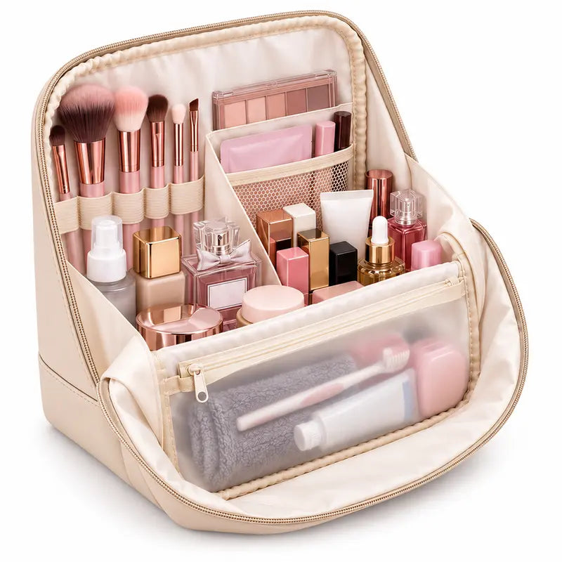 Clean Girl Travel Makeup Bag with Luggage Strap, Minimalist Waterproof Leather Vanity Bag, Large-Capacity Zippered Multifunctional Organizer, Cosmetic & Toiletry Storage, Ideal Cruise & Vacation Travel Must-Have