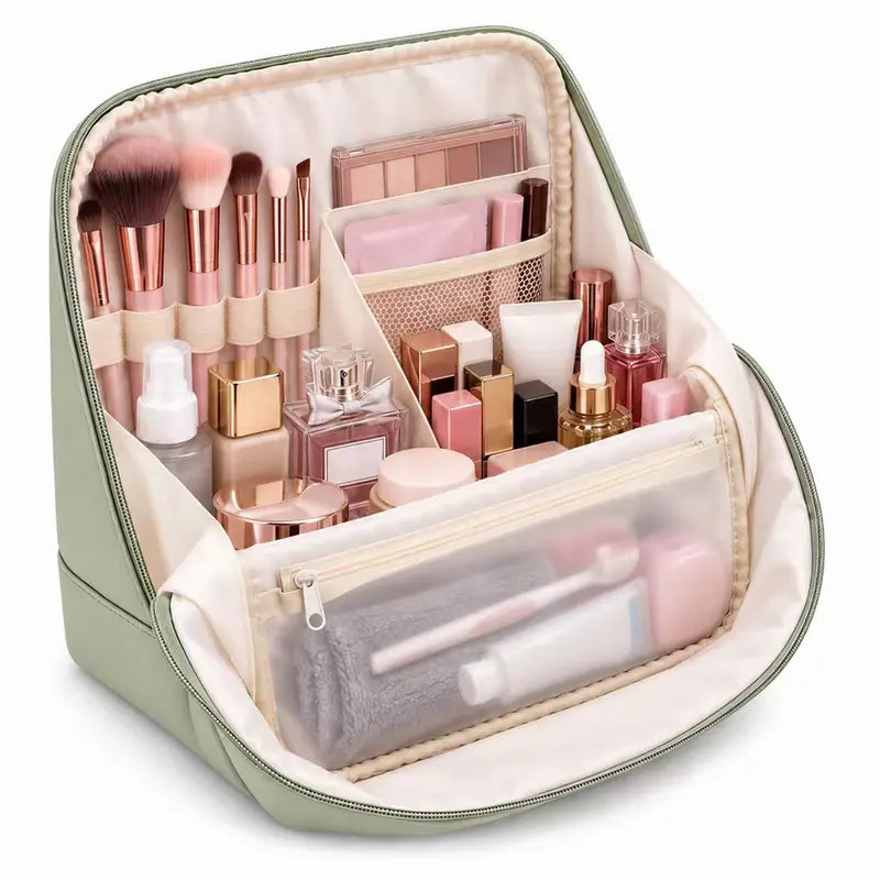 Clean Girl Travel Makeup Bag with Luggage Strap, Minimalist Waterproof Leather Vanity Bag, Large-Capacity Zippered Multifunctional Organizer, Cosmetic & Toiletry Storage, Ideal Cruise & Vacation Travel Must-Have