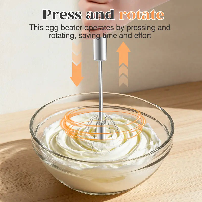 Food-Grade Stainless Steel Spinning Egg Beater - Rustproof Hand-Push Kitchen Gadget Mixer with Built-In Spring Mechanism, Sturdy Riveted Construction, Semi-Automatic Design, Easy to Clean for Cooking, Daily Blending