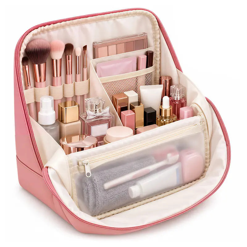 Clean Girl Travel Makeup Bag with Luggage Strap, Minimalist Waterproof Leather Vanity Bag, Large-Capacity Zippered Multifunctional Organizer, Cosmetic & Toiletry Storage, Ideal Cruise & Vacation Travel Must-Have
