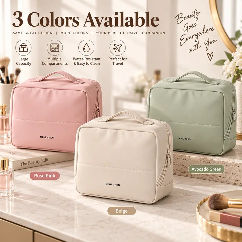 Clean Girl Travel Makeup Bag with Luggage Strap, Minimalist Waterproof Leather Vanity Bag, Large-Capacity Zippered Multifunctional Organizer, Cosmetic & Toiletry Storage, Ideal Cruise & Vacation Travel Must-Have