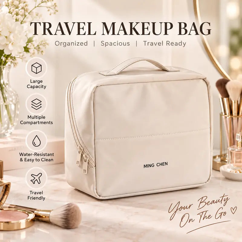 Clean Girl Travel Makeup Bag with Luggage Strap, Minimalist Waterproof Leather Vanity Bag, Large-Capacity Zippered Multifunctional Organizer, Cosmetic & Toiletry Storage, Ideal Cruise & Vacation Travel Must-Have